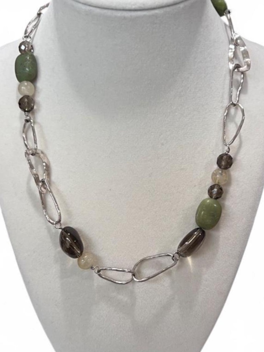 Silpada Sterling Silver Statement Necklace-Smoky Quartz, Green Stone & Hammered